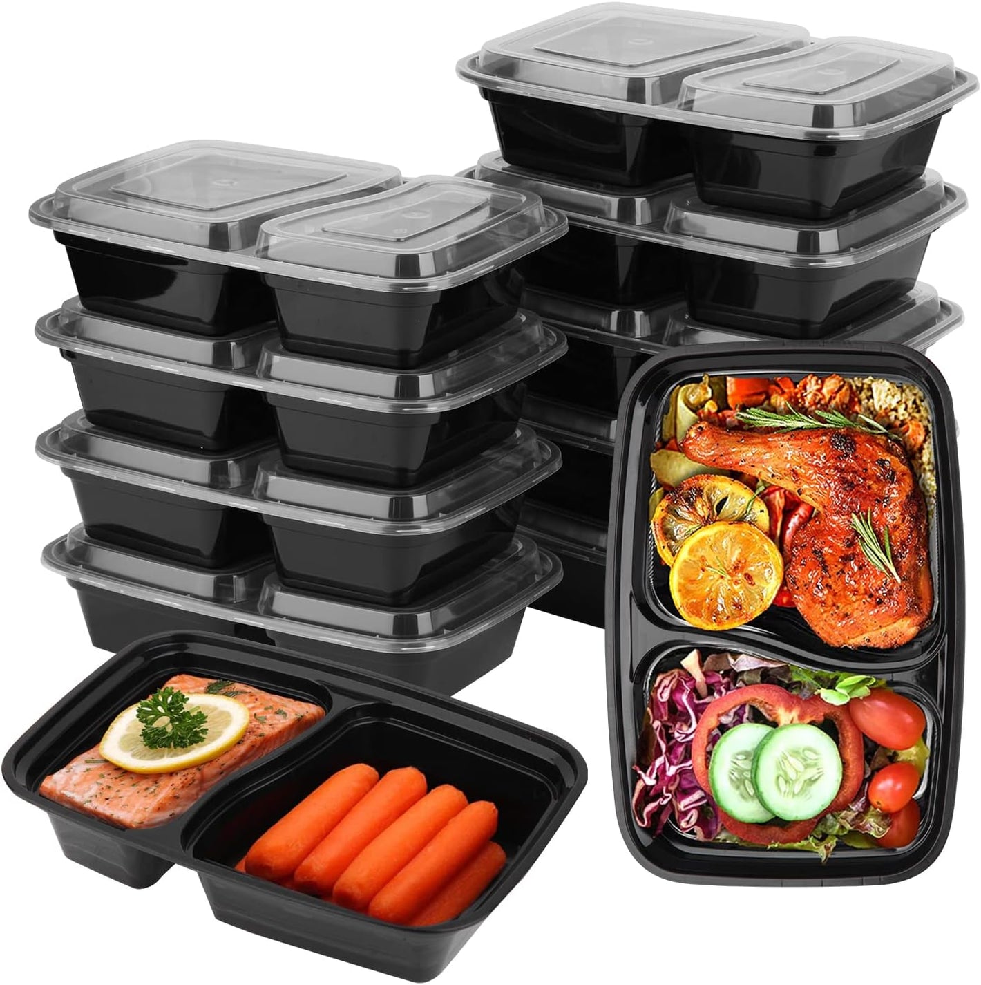 Black Base 2 Compartment Rectangular Container & Lid 32oz - Microwavable (150pcs)